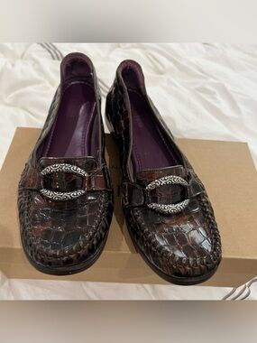 Women's Croc-Embossed Leather Loafers with Silver Buckle - Dark Brown. Brighton